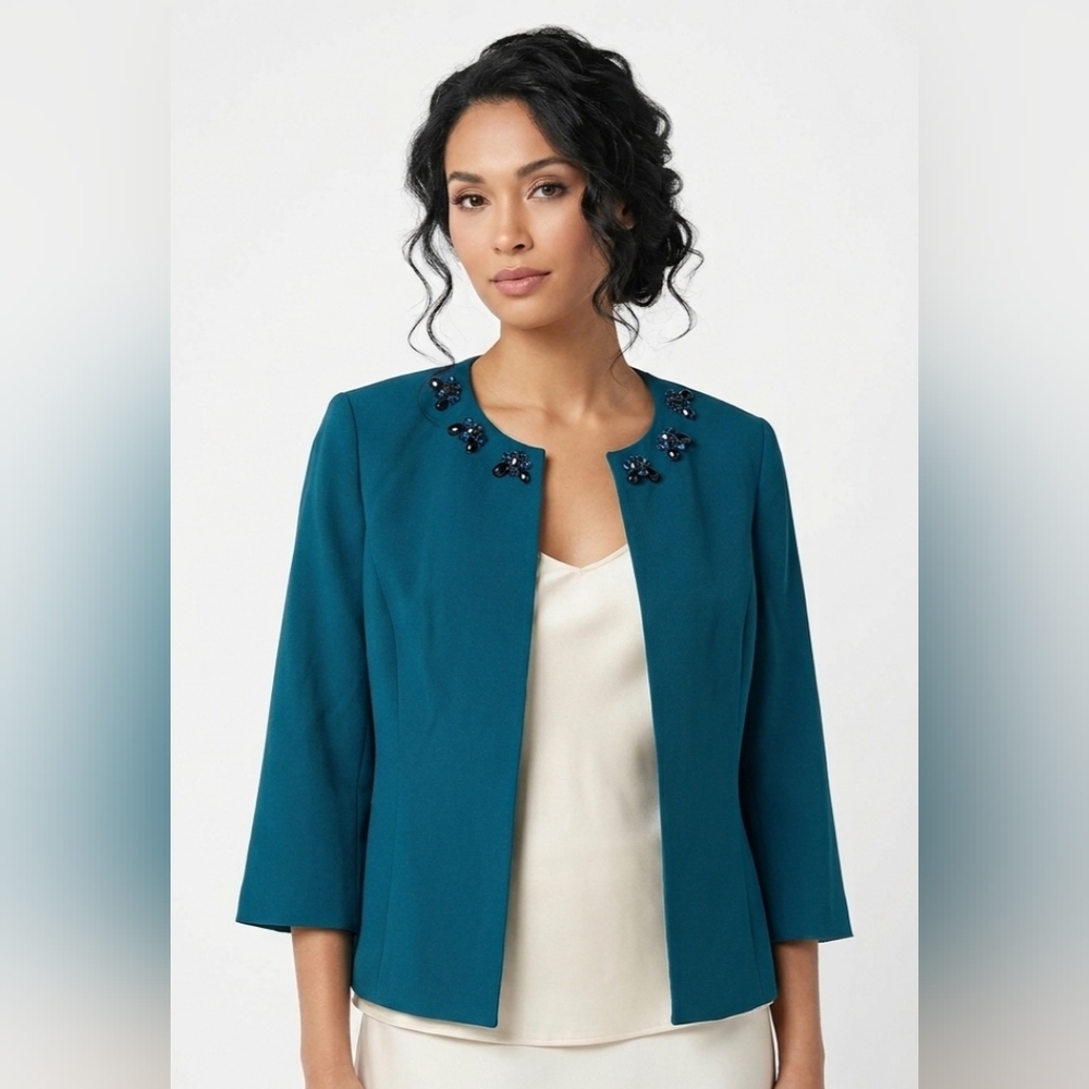 NWT Kasper Teal Quartz Open-Front Embellished Women's Jacket Size 12